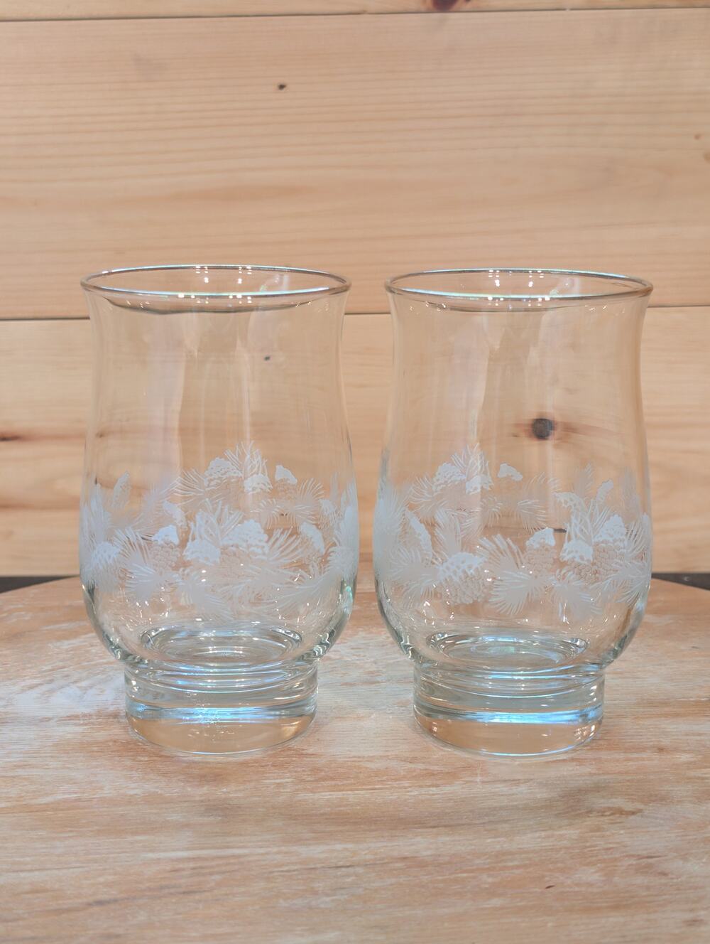 Vintage Libbey Footed Tulip Tumblers Pine Cone Etched Gold Rim Set of 2